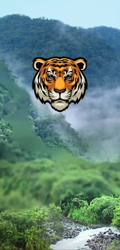 Tiger head over misty green mountain landscape.