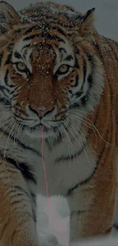 Tiger walking through snowy wilderness with striking stripes.