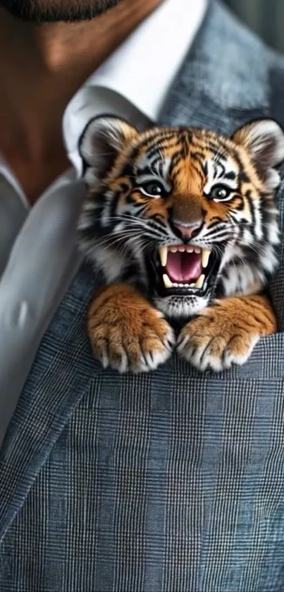 Tiny tiger peeking from suit pocket art.