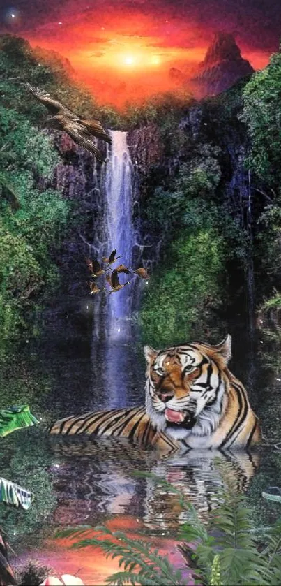 Majestic tiger in a vibrant jungle with a waterfall and sunset backdrop.