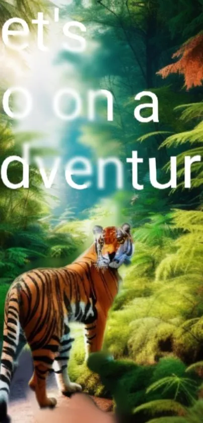 Tiger in a lush jungle setting with 'Let's go on an adventure' text.