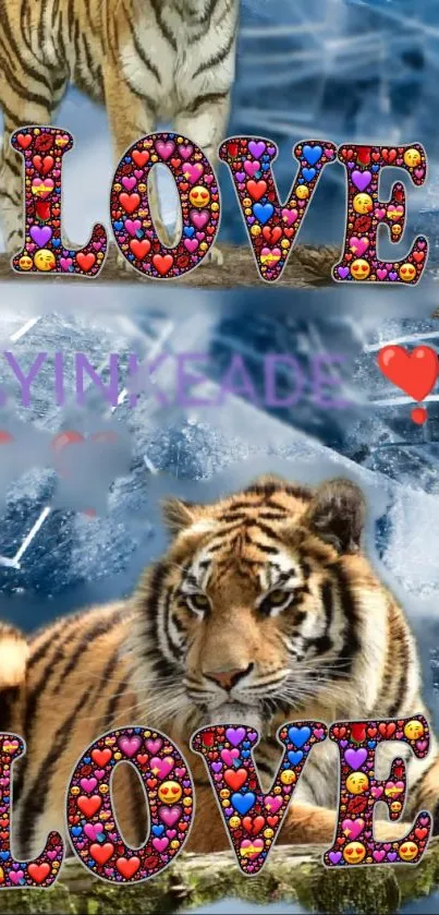 Tiger and love themed mobile wallpaper with ice background.