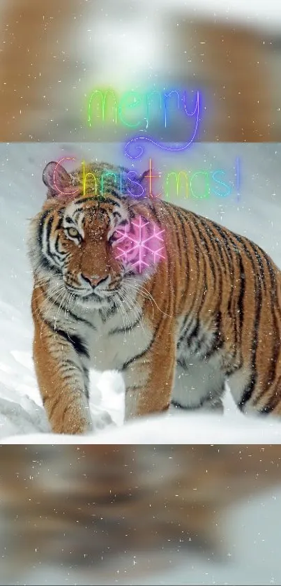 Tiger in snow with neon Merry Christmas text.