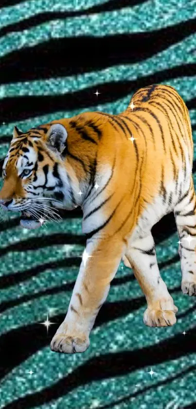 Tiger on sparkling teal zebra stripes with glitter accents.