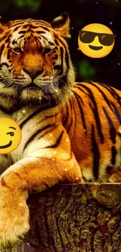 Tiger resting on a tree stump, surrounded by forest with emoji accents.