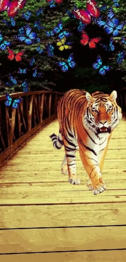 Tiger on a wooden bridge with butterflies above.