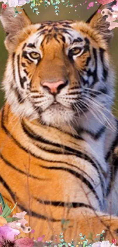 Majestic tiger with floral border wallpaper for mobile.