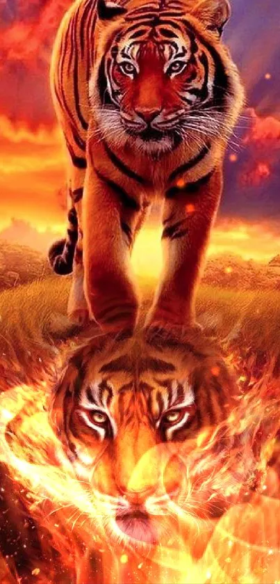 Tiger with fiery reflection in vivid orange hues on a phone wallpaper.