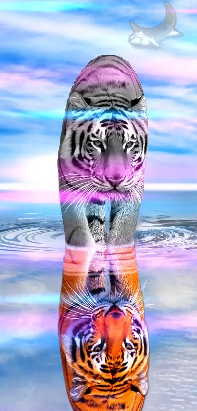 Artistic tiger reflection on water with a serene sky.