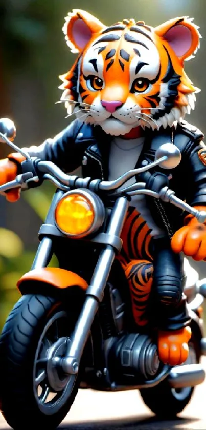 Cartoon tiger riding a motorcycle with a vibrant orange theme.