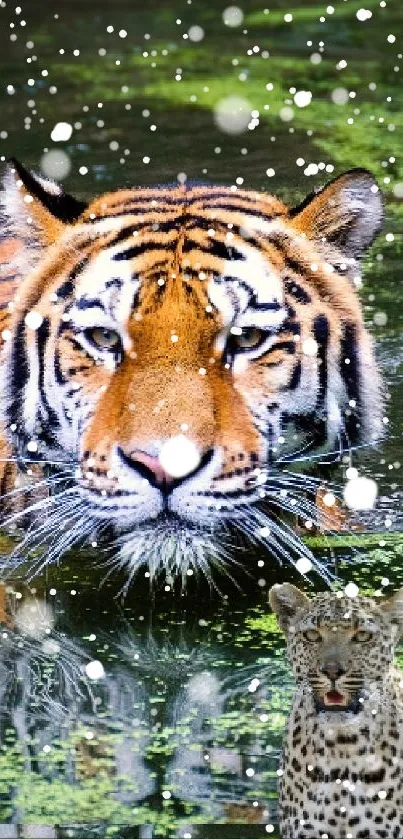 Tiger swimming in lush jungle stream with greenery.