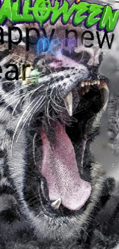 Roaring tiger with Halloween and New Year themes on gray background.