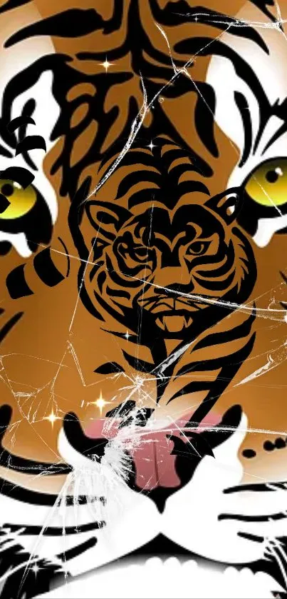 Tiger illustration with cracked glass effect in orange tones for mobile wallpaper.