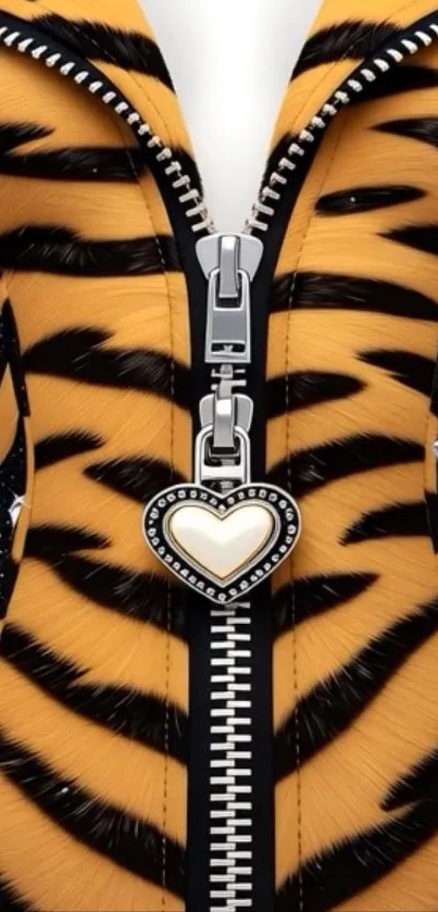 Tiger print design with heart zipper on fashion wallpaper.