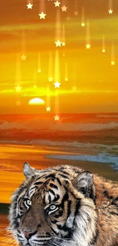 Majestic tiger at sunset beach with glowing stars in the sky.