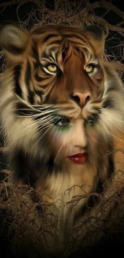 Surreal tiger and human face artistic mobile wallpaper