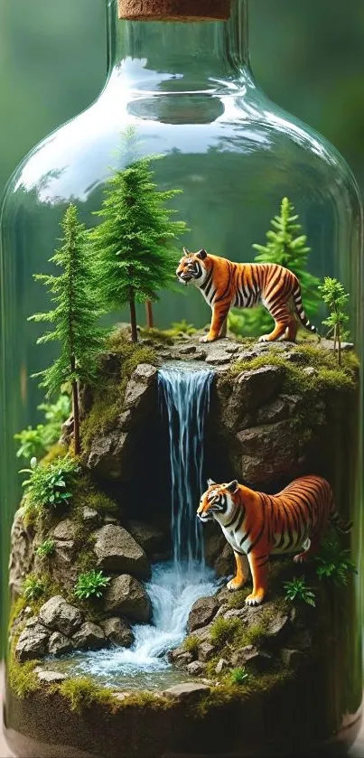 Tigers and waterfall in a glass bottle.
