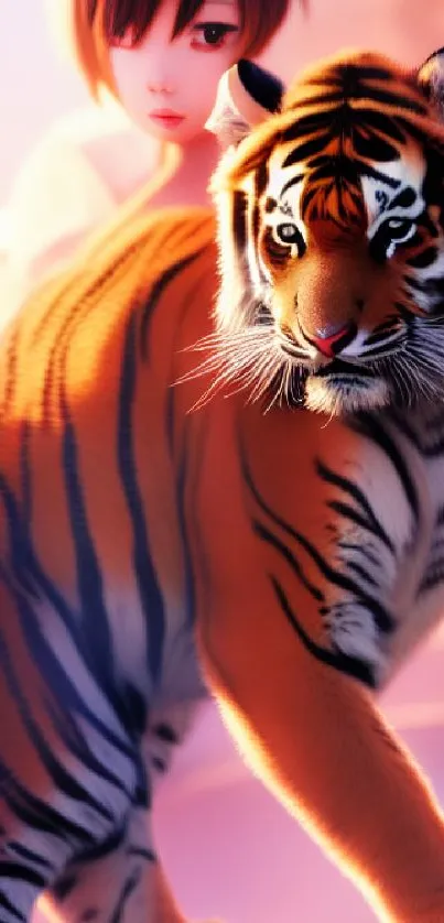 Animated character with a majestic tiger in soft dreamy setting wallpaper.