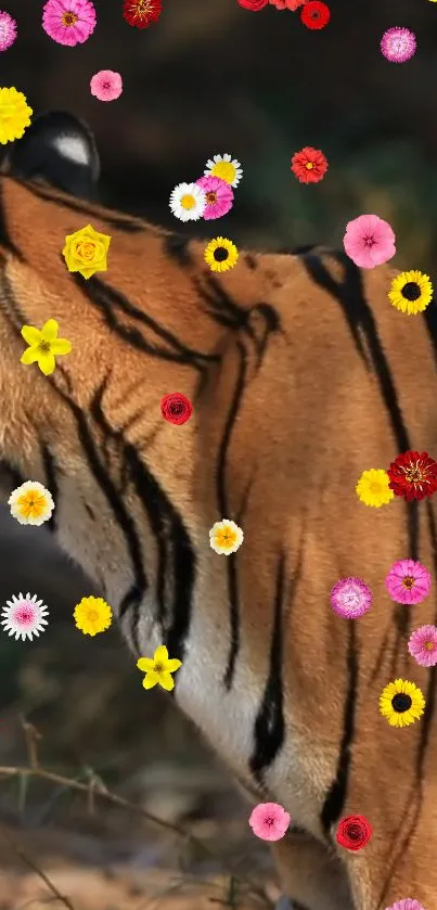 Tiger with colorful flowers on vibrant background.