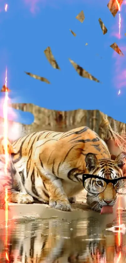 A vibrant tiger wearing glasses with fiery elements as a phone wallpaper.
