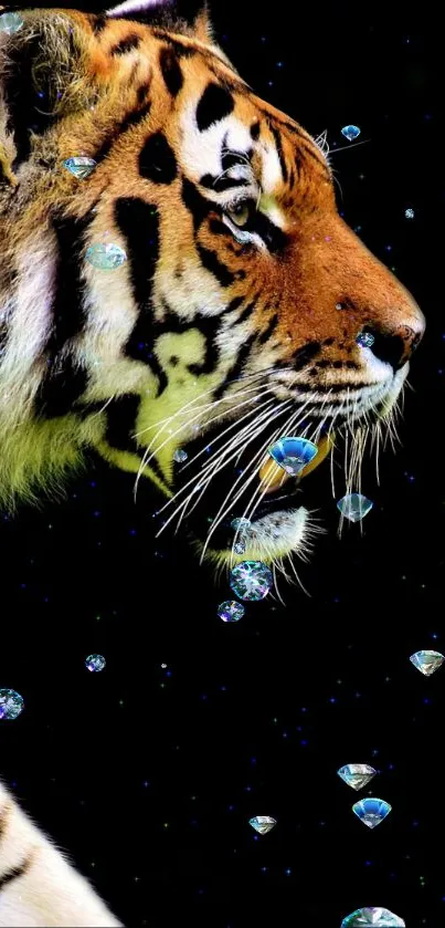 Majestic tiger surrounded by sparkling diamonds on a dark, vibrant wallpaper.