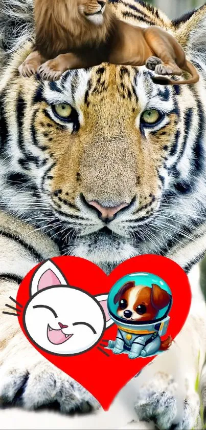 Tiger with a heart and animals in vibrant design.