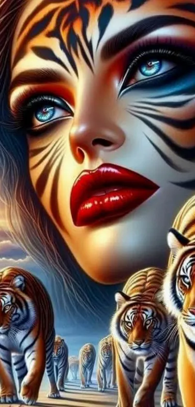 Fantasy art of woman with tiger features and group of tigers.