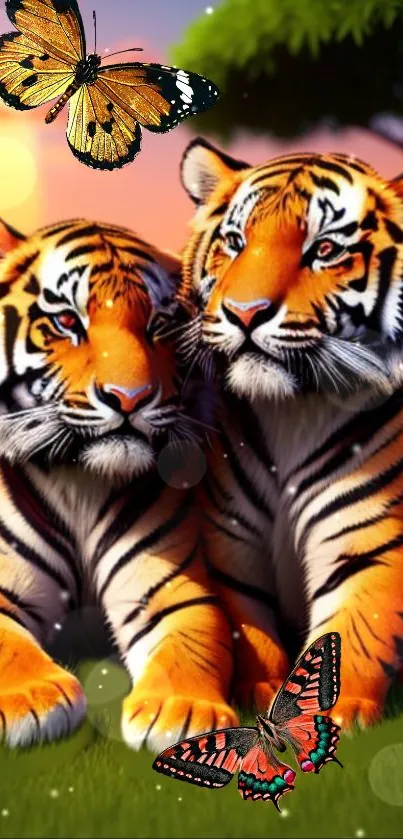 Artistic wallpaper of tigers with butterflies in a vibrant nature setting.