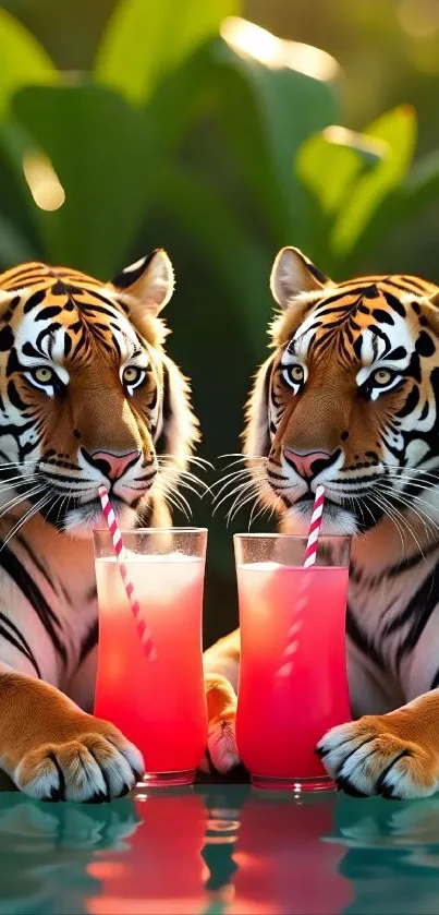 Two tigers sipping colorful drinks in a jungle setting.