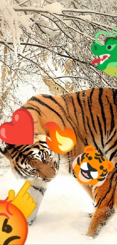 Tigers with emojis playfully exploring a snowy forest.