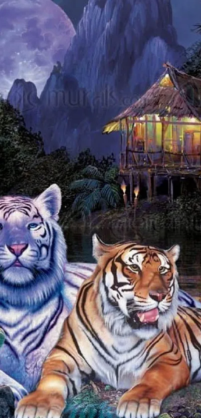 Tigers in a tropical jungle with a moonlit sky and cabin.