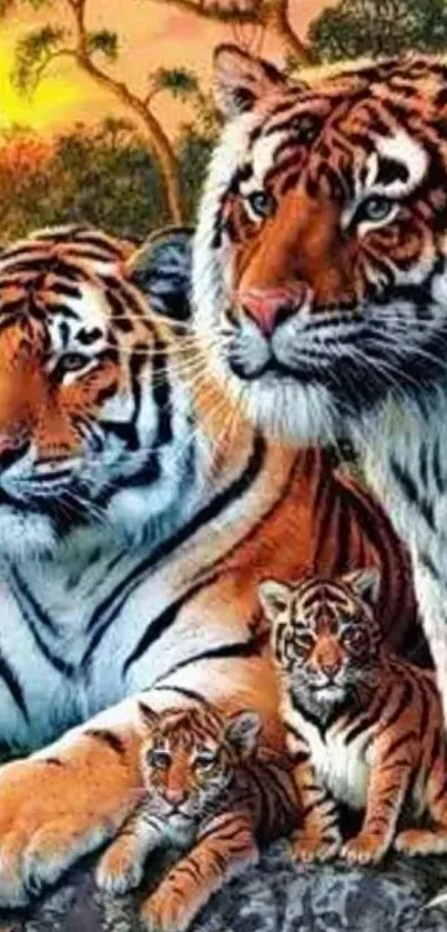 Majestic tigers resting in lush jungle with vibrant colors.