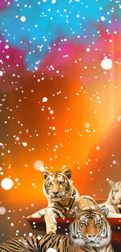 Majestic tigers relax in a vibrant snowy landscape with colorful sky.