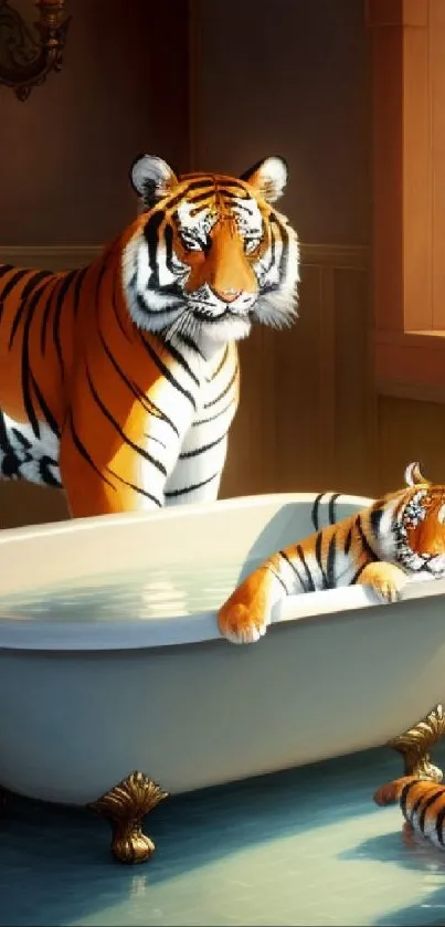 Two tigers relaxing in a vintage bathtub in a cozy room.