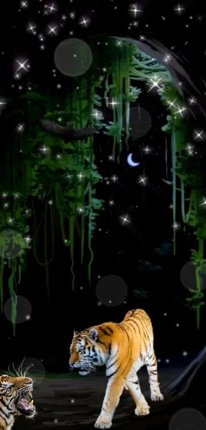 Tigers walk in a starry, moonlit jungle.