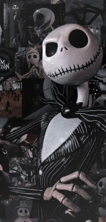 Tim Burton collage wallpaper with iconic characters and dark theme.