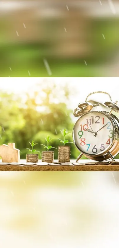 Analog clock with plants and coins on a blurred green background.