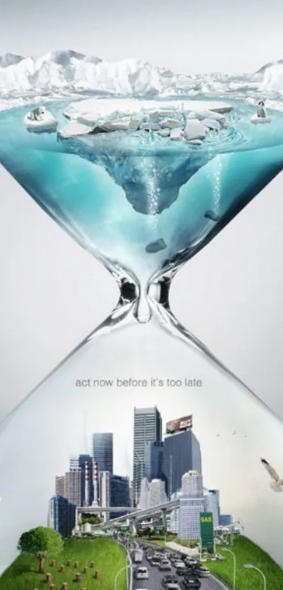 Hourglass with melting ice and city environment depicting climate change.