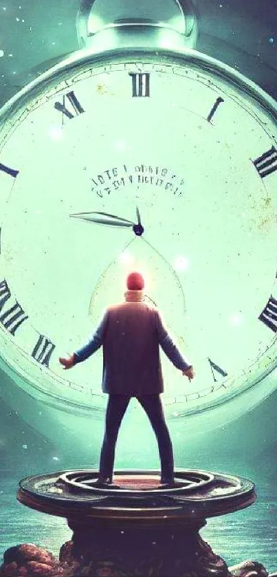 Surreal artwork of a man standing before a giant glowing clock, in a mystical scene.