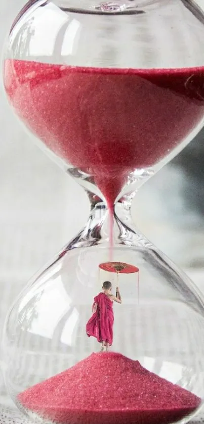 A monk stands inside a glass hourglass with red sand flowing around.