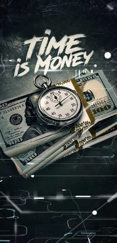 Time is Money mobile wallpaper with dollar bills and stopwatch.