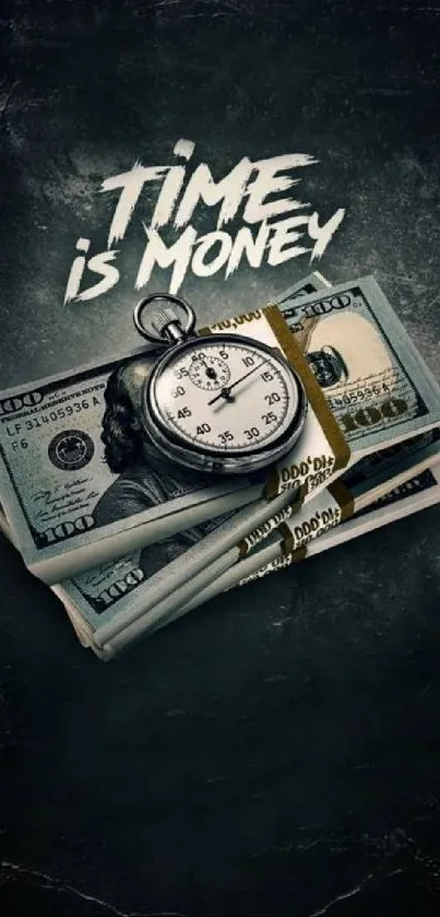 Time is Money mobile wallpaper with stopwatch and cash stack.