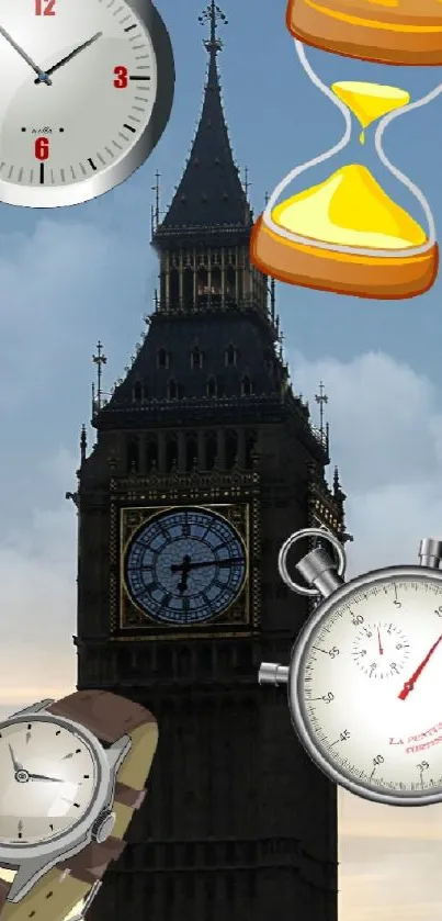 Time-themed wallpaper with Big Ben and clocks at sunset.