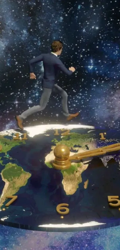 Man running on clock-like Earth with galaxy background.