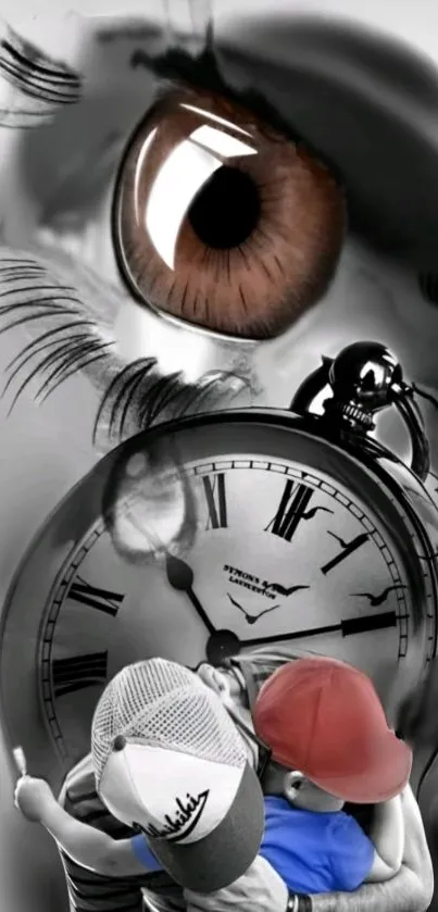 Artistic surreal wallpaper with eye, watch, and children.