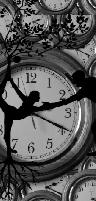 Black and white wallpaper with clocks and silhouettes.