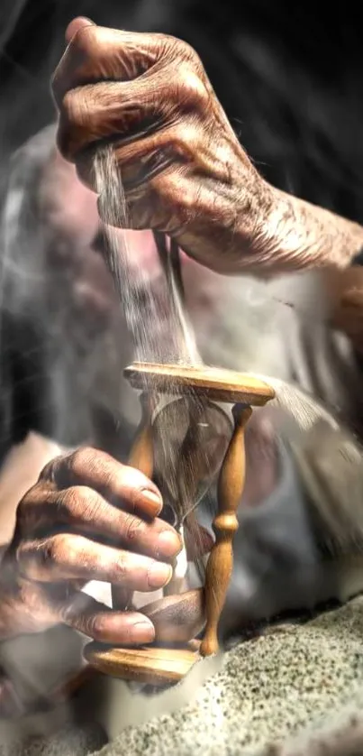 Hands holding hourglass with sand flowing and smoke effect.