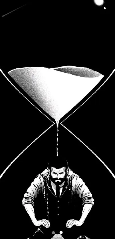 Black and white hourglass with a man kneeling inside, symbolizing time.