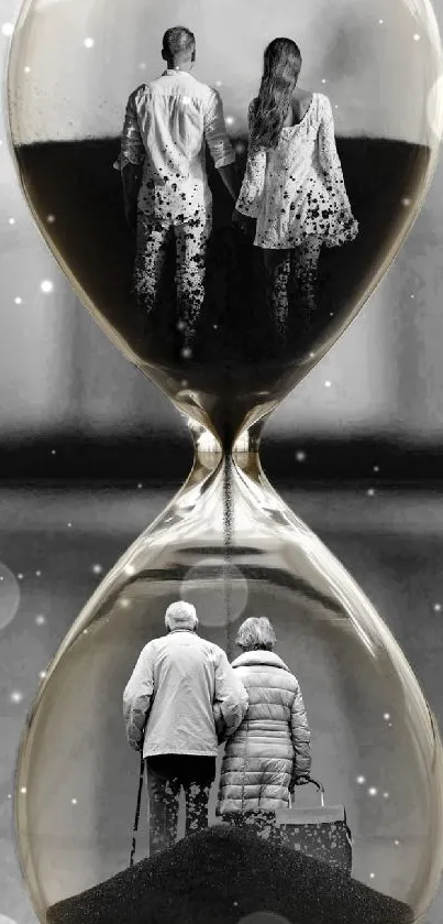 Black and white hourglass depicting life stages.