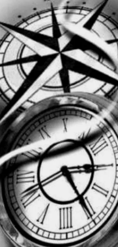 Black and white classic clock and compass wallpaper for phones.